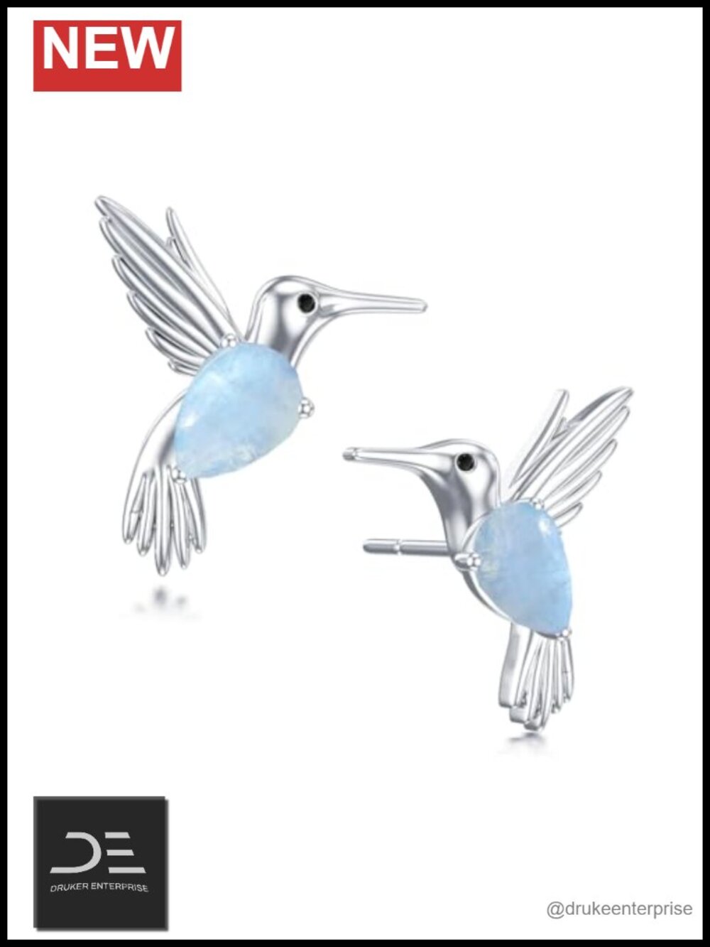 Genuine Rainbow Moonstone Hummingbird Stud Earrings, 925 Sterling Silver